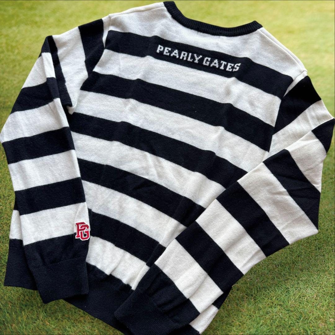 カシミヤ素材　パーリーゲイツ　ニット　XL〜XXL相当　白　紺　ボーダー　6