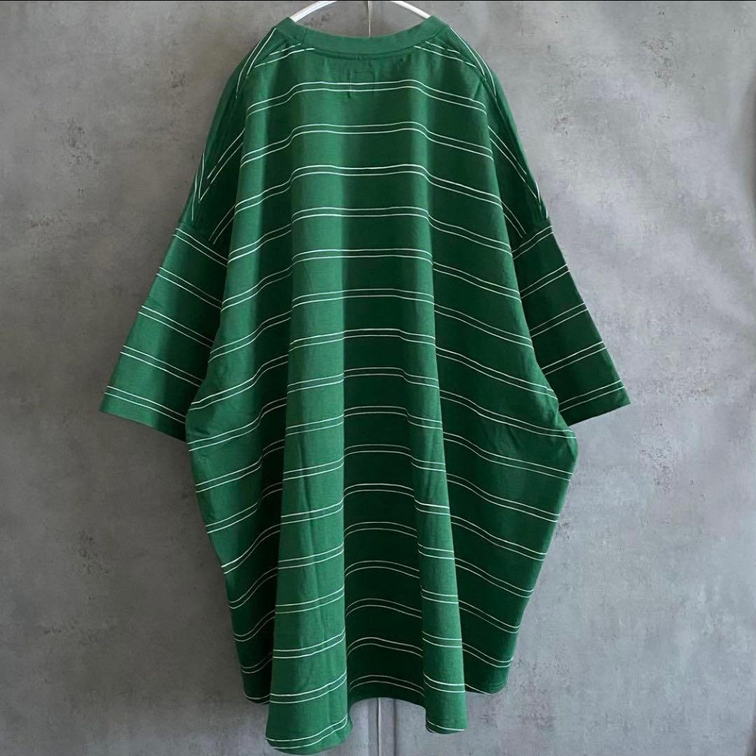 新品 SEE SEE スーパービッグ ラウンド ダブルストライプ Tシャツ 緑
