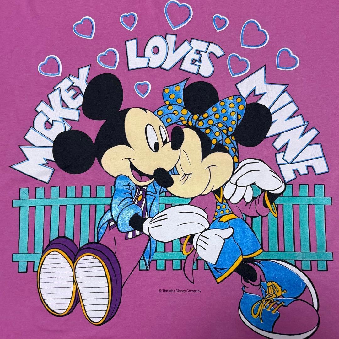 USA製★Disney Tシャツ ミッキー&ミニー デカロゴ ピンク XL以上