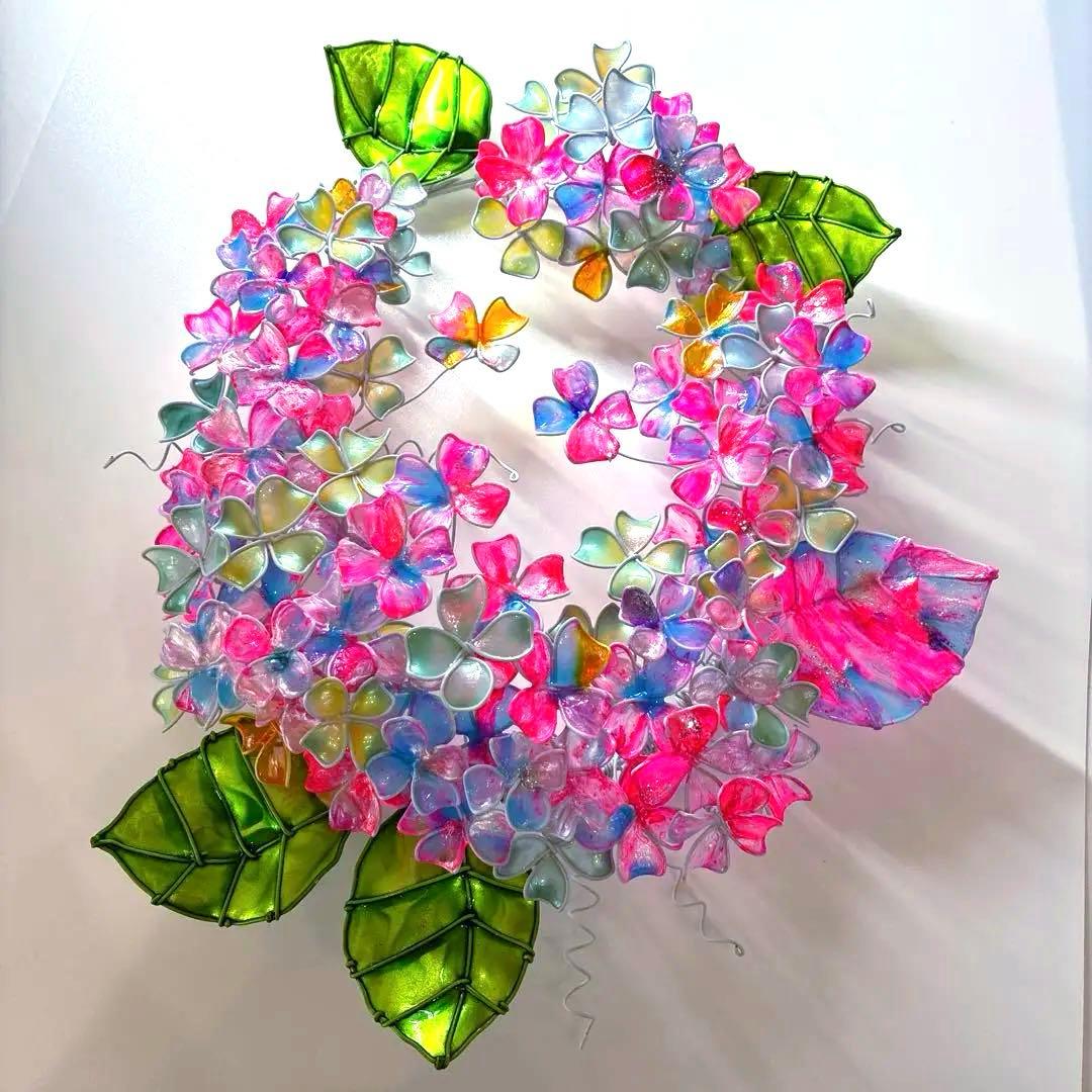 特注　大きなオーバル紫陽花リース　ワイヤークラフト　ディップアート　壁飾り