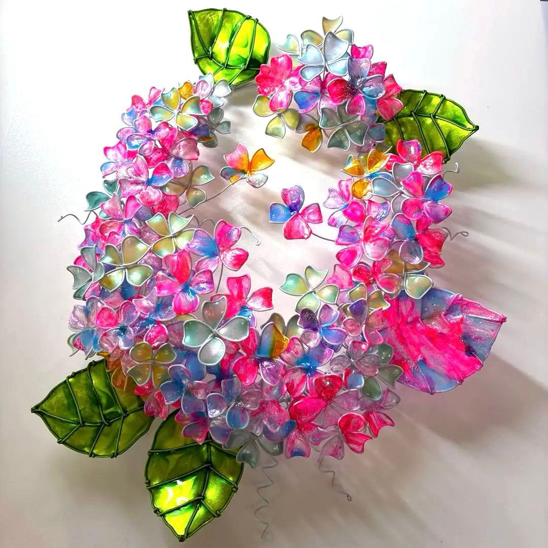 特注　大きなオーバル紫陽花リース　ワイヤークラフト　ディップアート　壁飾り