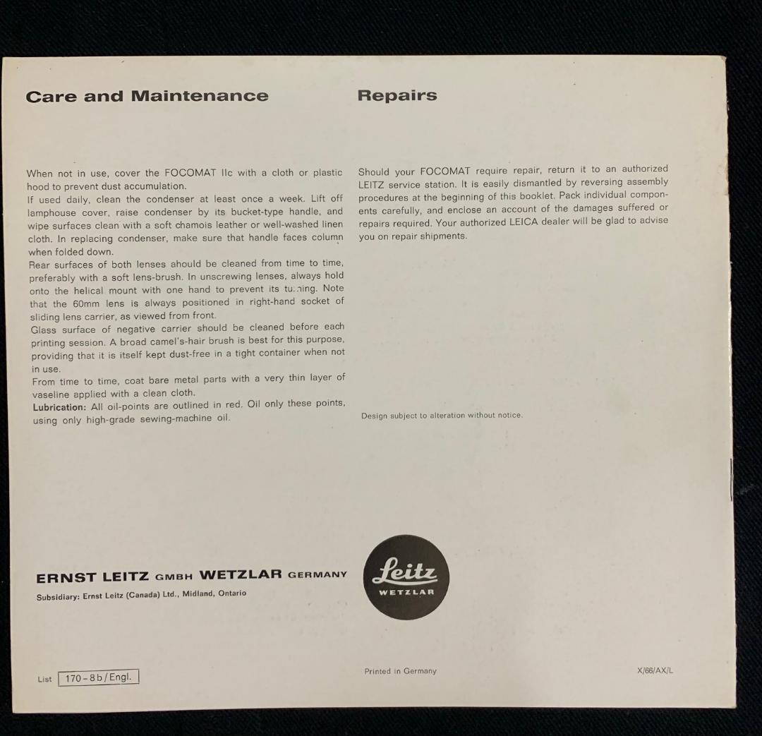 ライカ Leitz FOCOMAT IIc 1966年 オリジナル 使用説明書