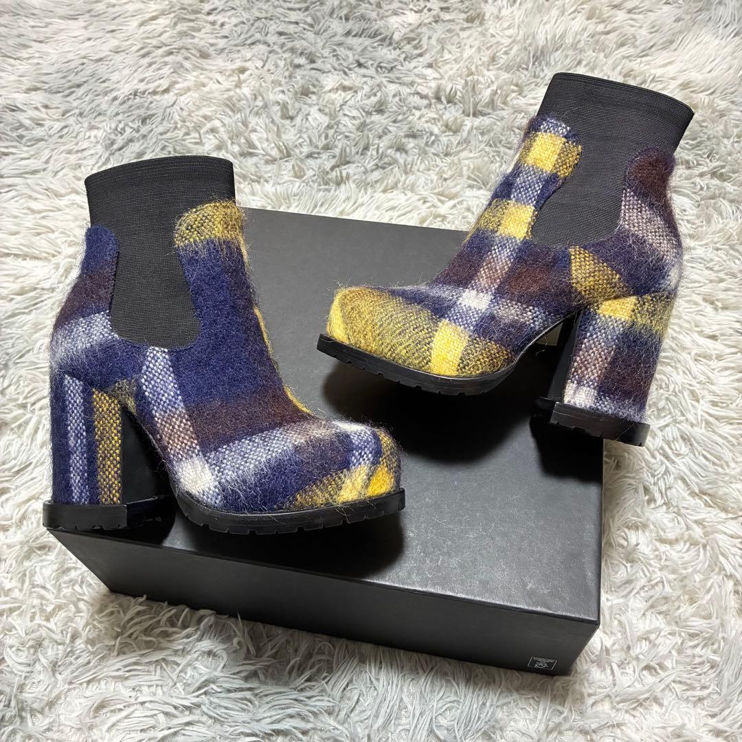 【ほぼ未使用】sacai ニット チェック ヒールブーツ〈定価97,900円〉