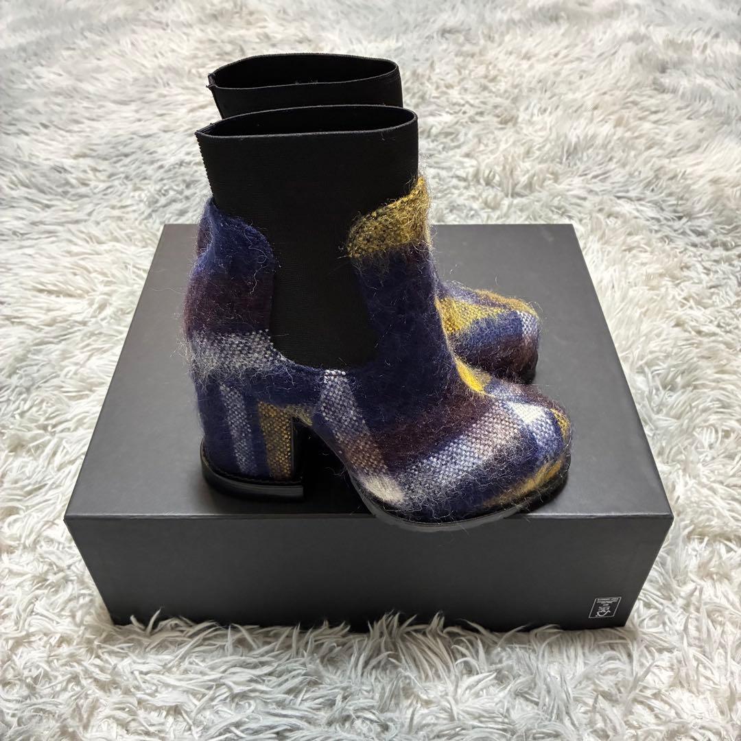 【ほぼ未使用】sacai ニット チェック ヒールブーツ〈定価97,900円〉