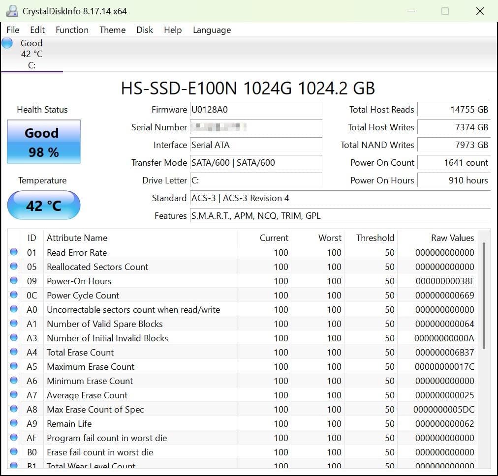HIKVISION 1TB M.2 SATA SSD 健康状態98% 動作確認済