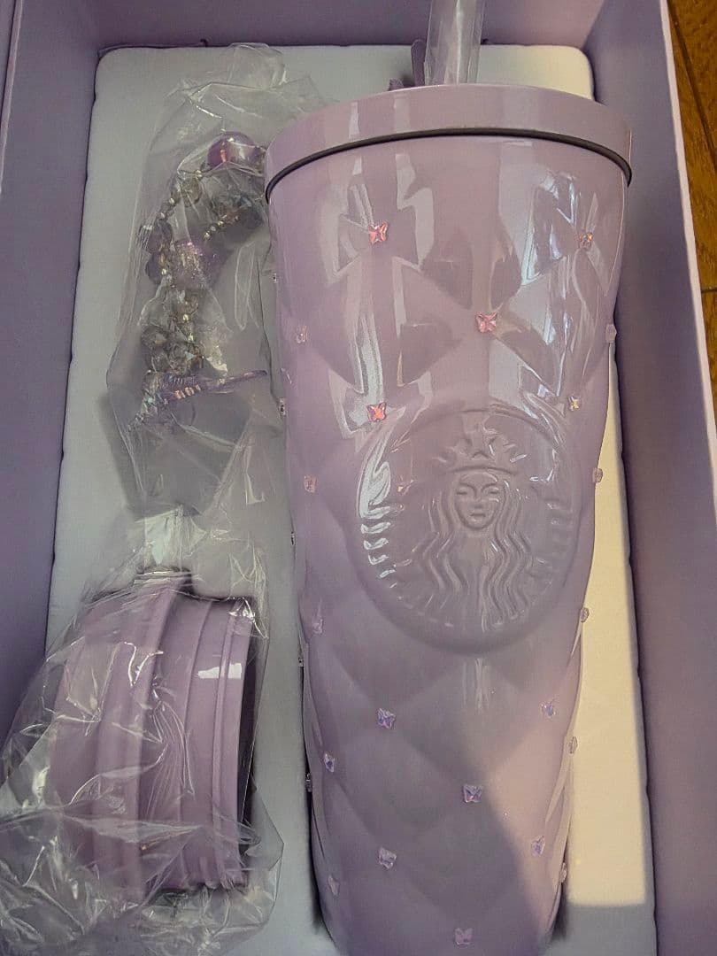 中国スターバックス　ステンレスタンブラー　ラインストーン　暮桜紫蝶　チャーム