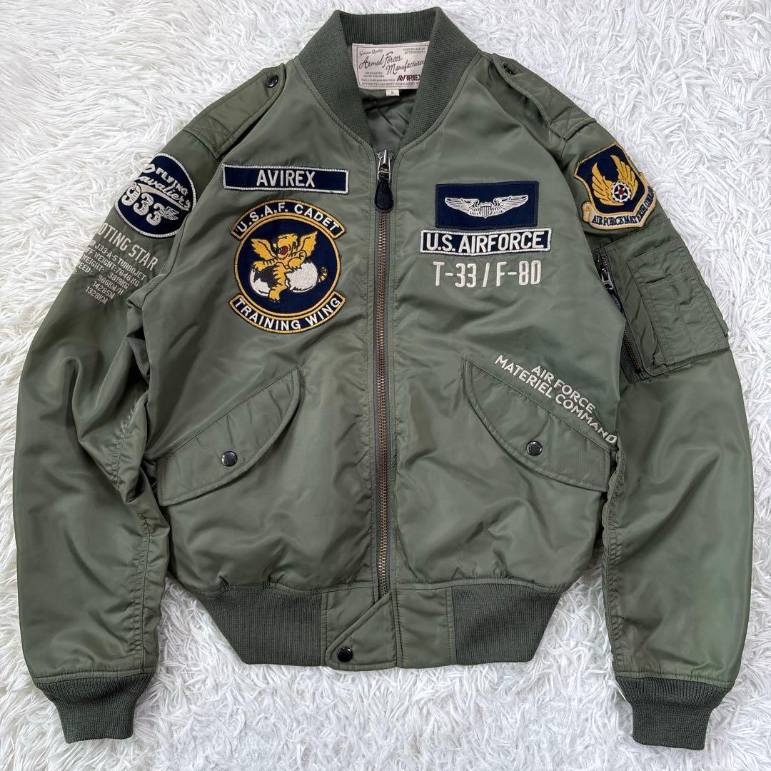 アヴィレックス　L-2 フライトジャケット　ワッペン刺繍　オリーブ　軽量　Ｌ