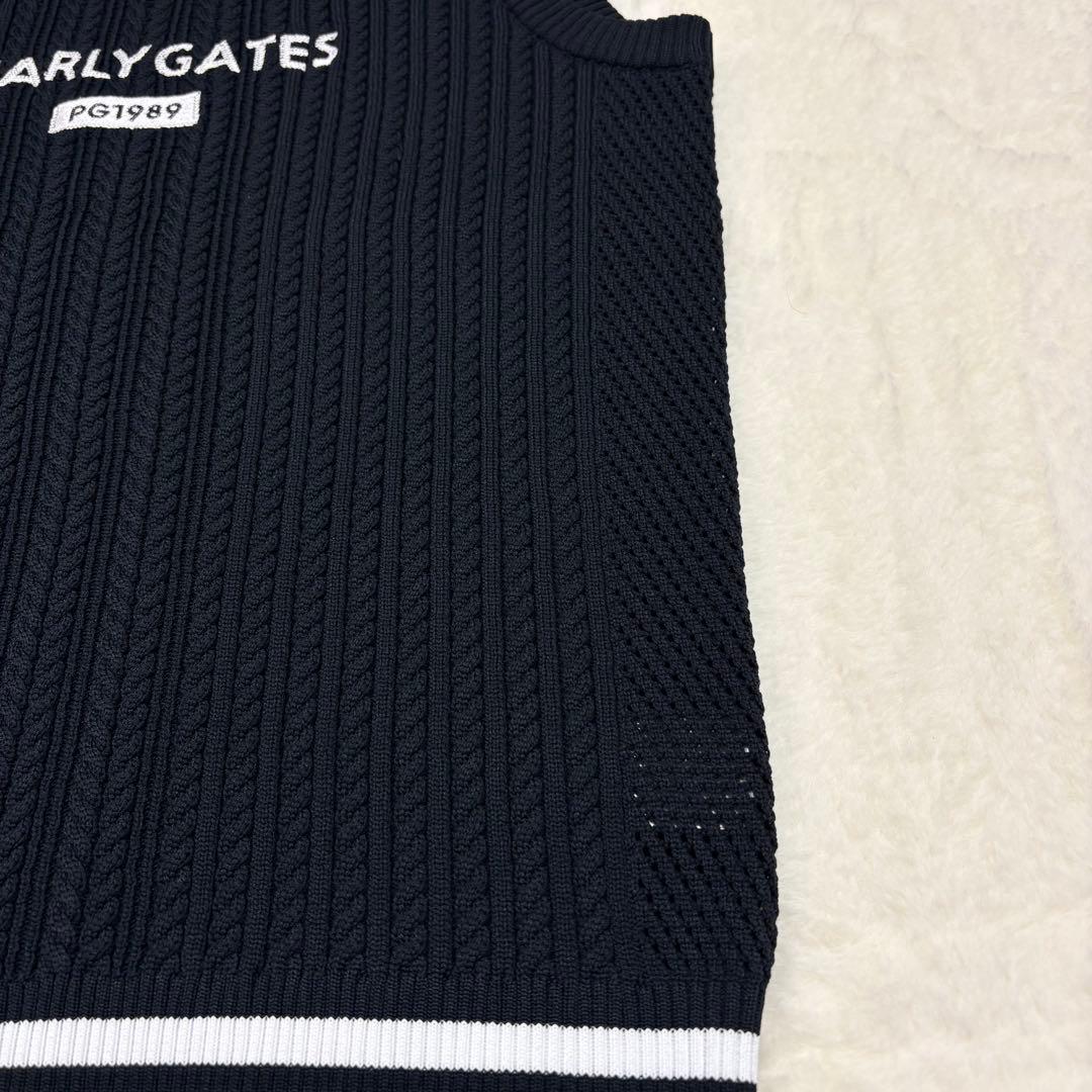 PEARLY GATES ケーブルニット ベスト ジレ ロゴ刺繍 黒 大きい6