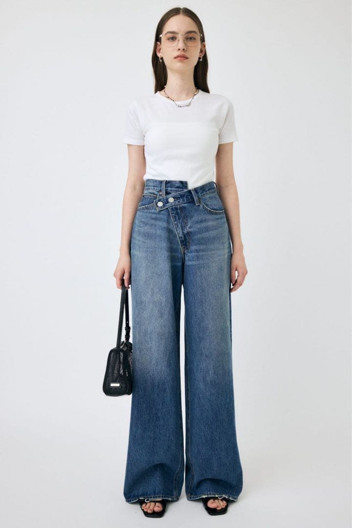 【新品】moussyCROSSWAIST ワイド ストレートデニム0ダークブルー