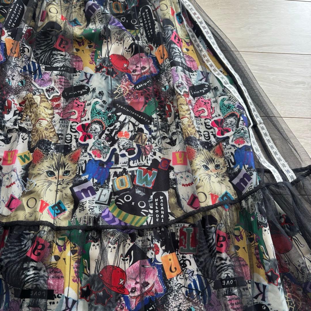 美品 ScoLar スカラー チュール重ね スカート 猫柄 ブラック
