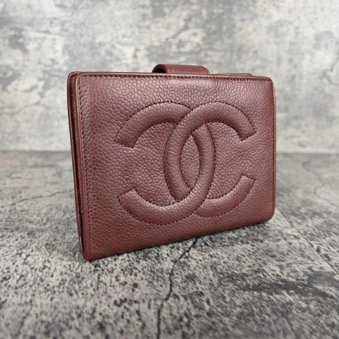 CHANEL ココマーク キャビアスキン がま口 二つ折り財布 ブラウン
