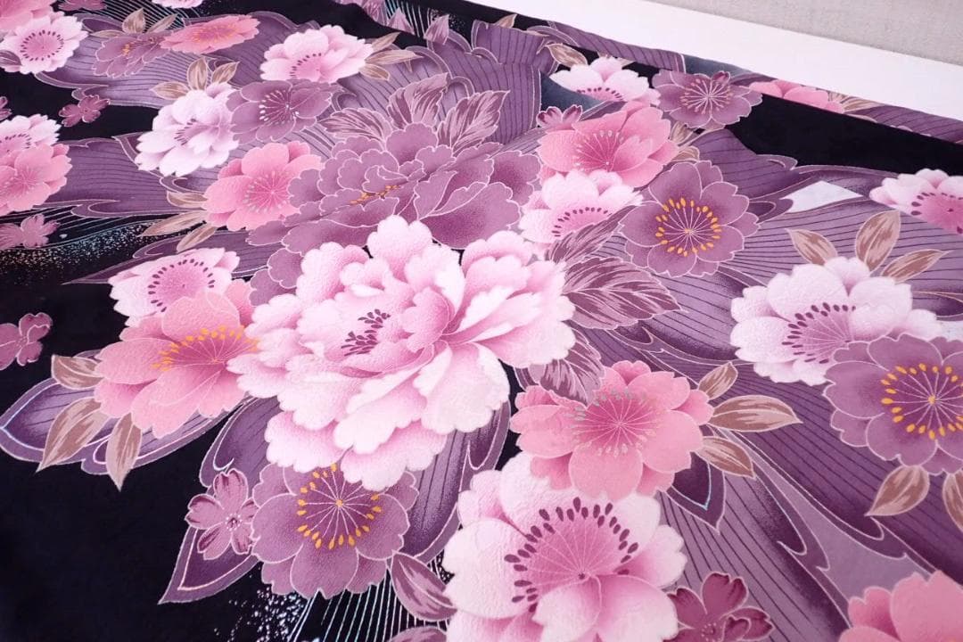 Ai　極美品 正絹 振袖 袋帯 2点セット 桜に牡丹 透き通るような繊細さ