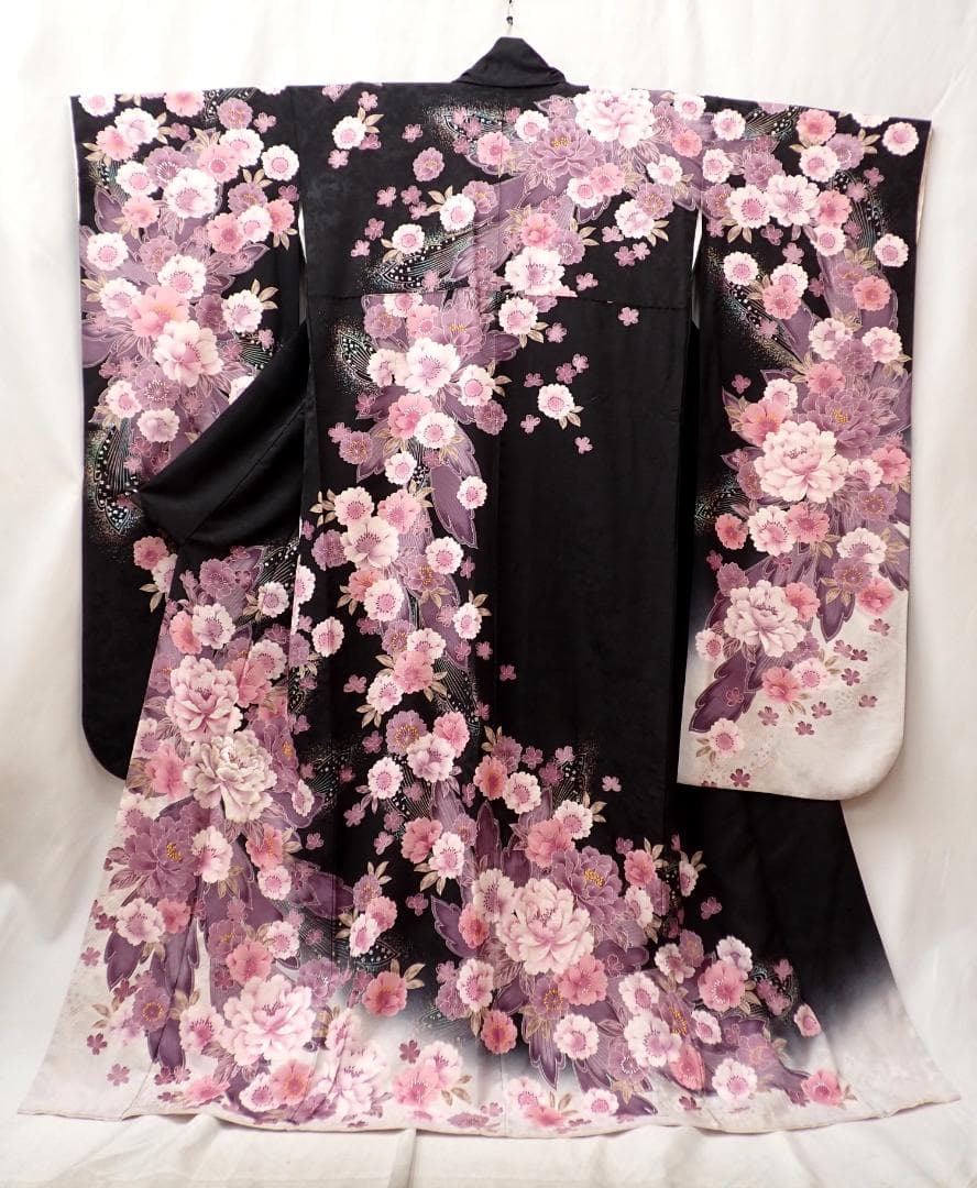 Ai　極美品 正絹 振袖 袋帯 2点セット 桜に牡丹 透き通るような繊細さ