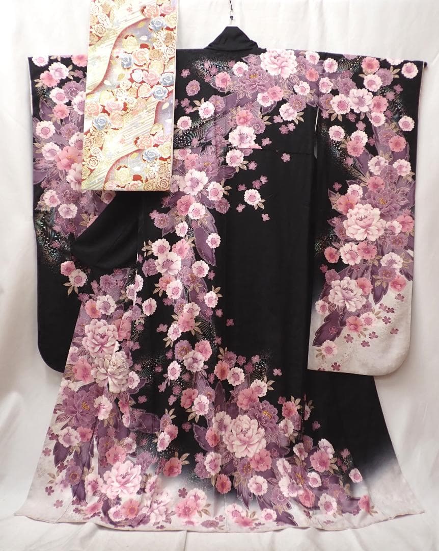 Ai　極美品 正絹 振袖 袋帯 2点セット 桜に牡丹 透き通るような繊細さ