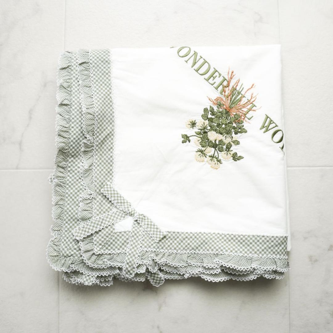 美品 ワンダフルワールド 刺繍レースリボン大判ストール グリーン@NH17