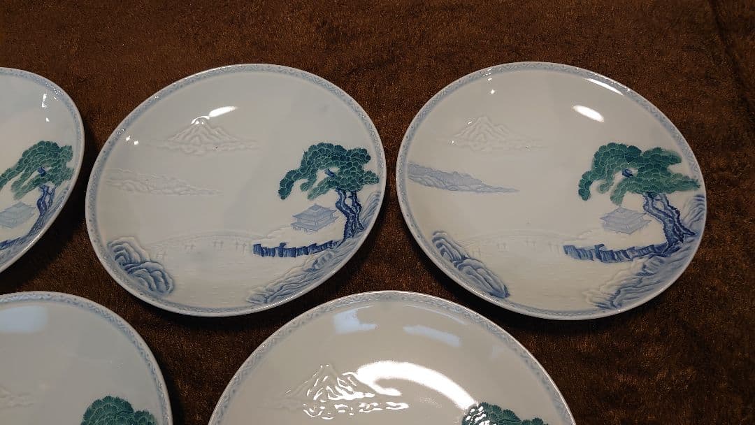 古伊万里　伊万里　色絵　富士山　中皿　菓子皿　５客