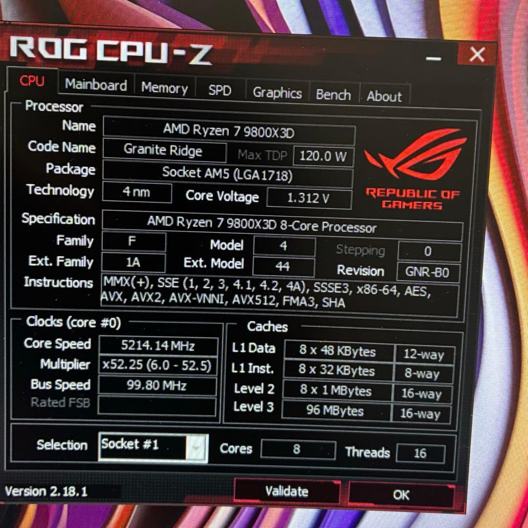 RYZEN7 9800x3d 8C 16T AM5 バルク品動作確認ベンチ完走