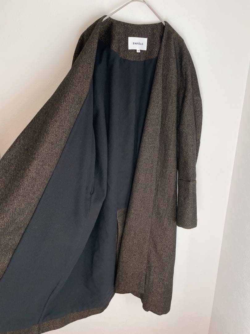 美品 ENFOLD エンフォルド ウールリネン オーバーコート ノーカラー 36