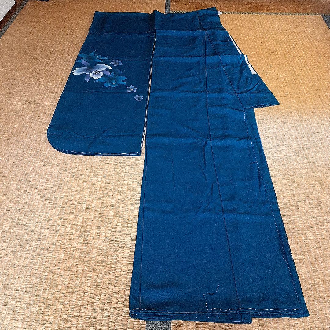 【新品】振り袖　お着物　正絹　　 深いグリーンブルー×カトレアの花