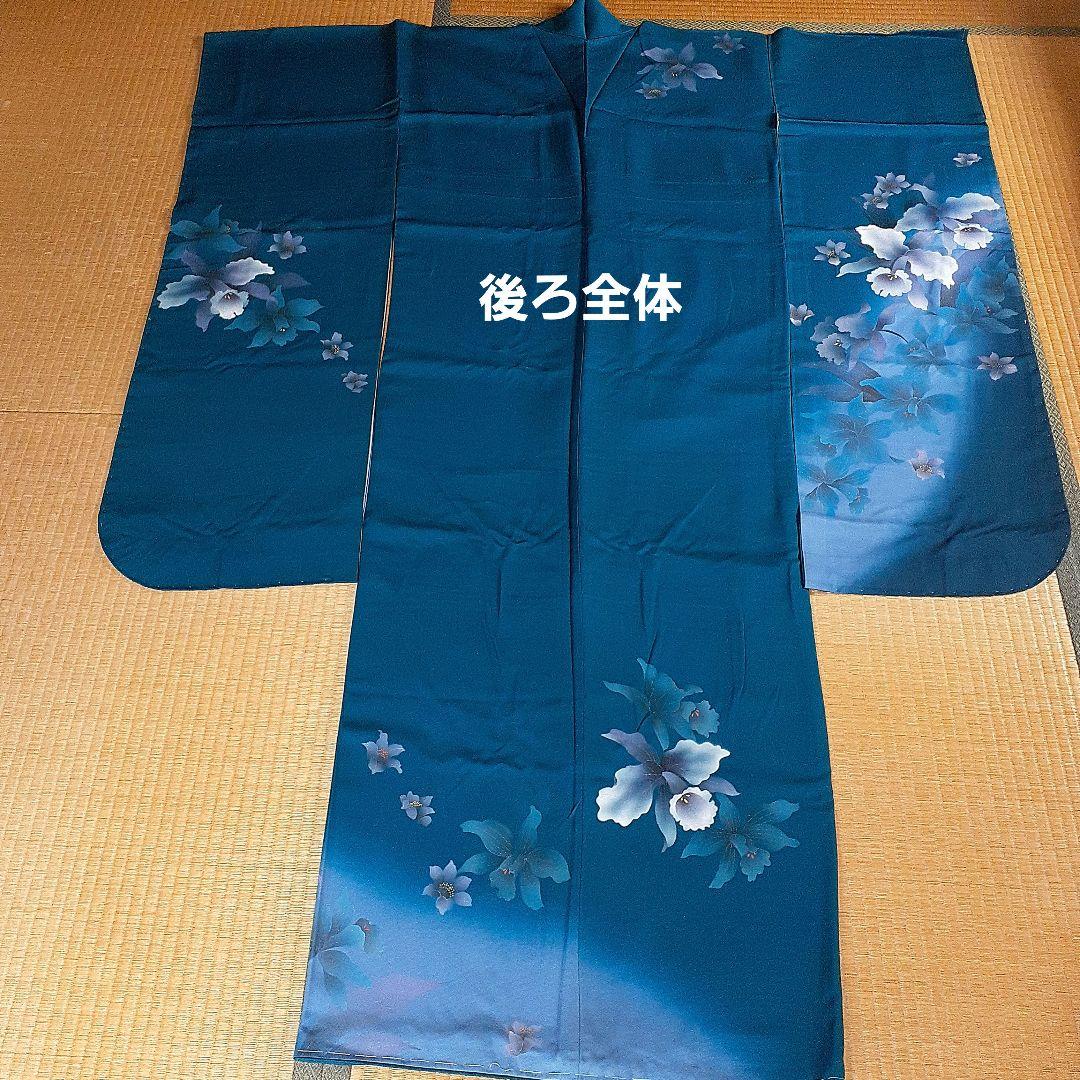 【新品】振り袖　お着物　正絹　　 深いグリーンブルー×カトレアの花