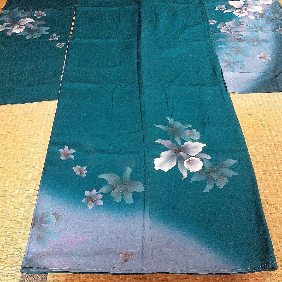 【新品】振り袖　お着物　正絹　　 深いグリーンブルー×カトレアの花