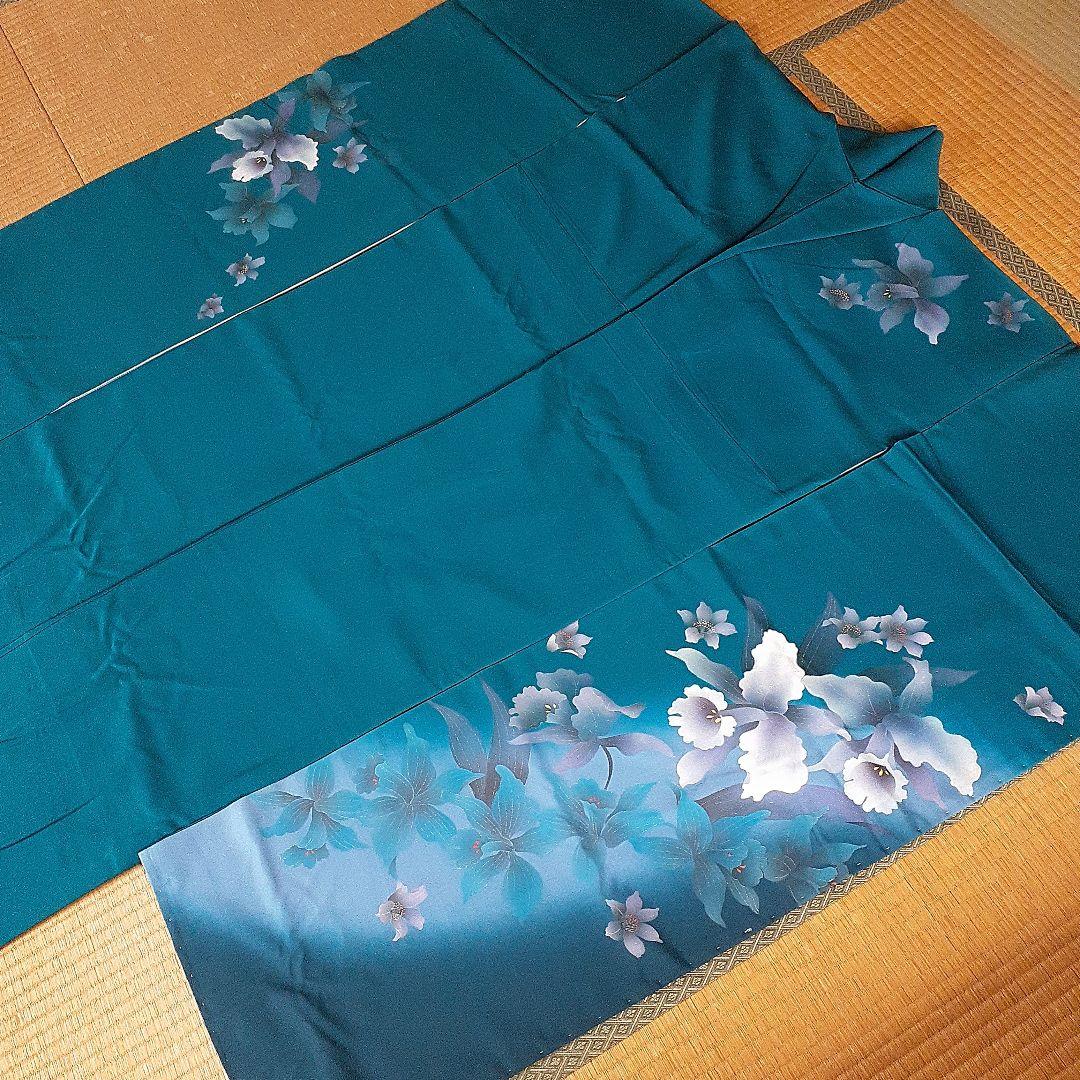 【新品】振り袖　お着物　正絹　　 深いグリーンブルー×カトレアの花