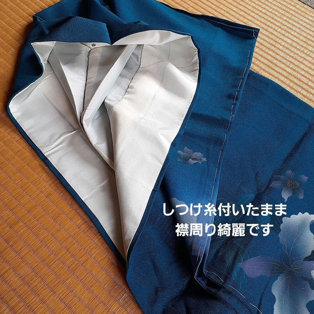 【新品】振り袖　お着物　正絹　　 深いグリーンブルー×カトレアの花
