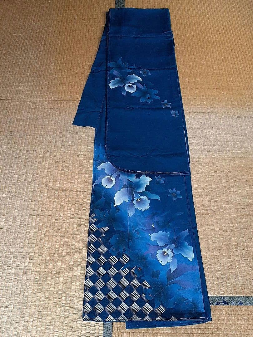 【新品】振り袖　お着物　正絹　　 深いグリーンブルー×カトレアの花