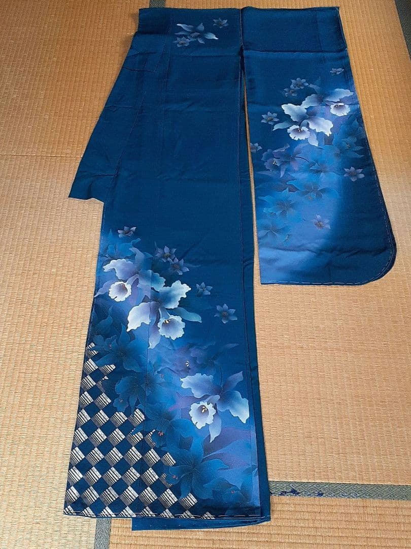 【新品】振り袖　お着物　正絹　　 深いグリーンブルー×カトレアの花