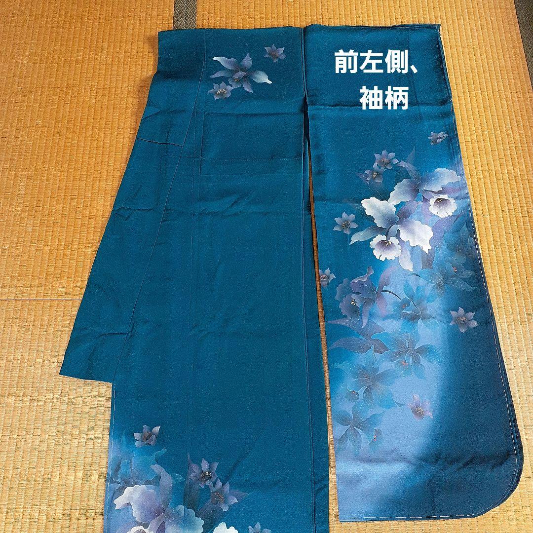【新品】振り袖　お着物　正絹　　 深いグリーンブルー×カトレアの花