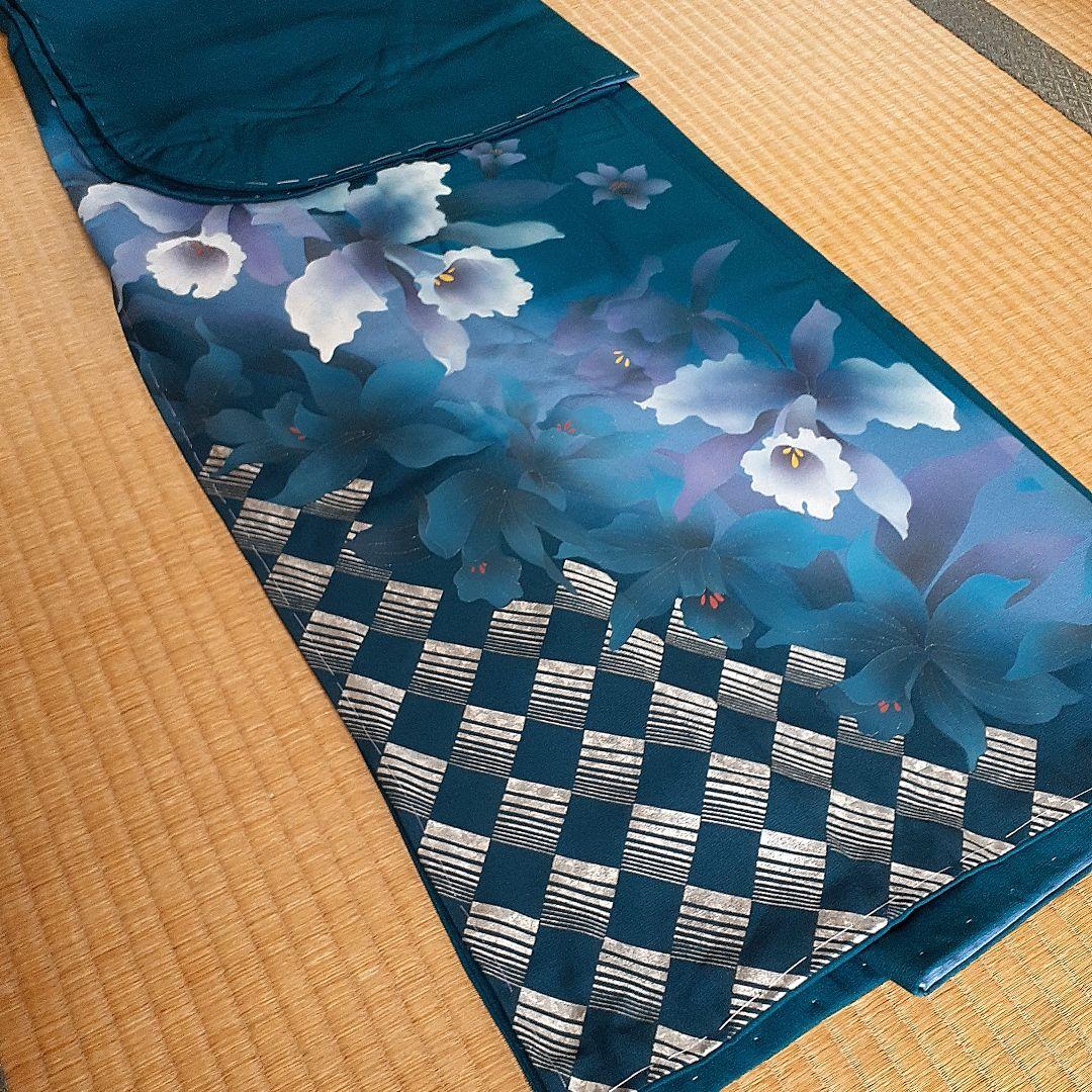 【新品】振り袖　お着物　正絹　　 深いグリーンブルー×カトレアの花