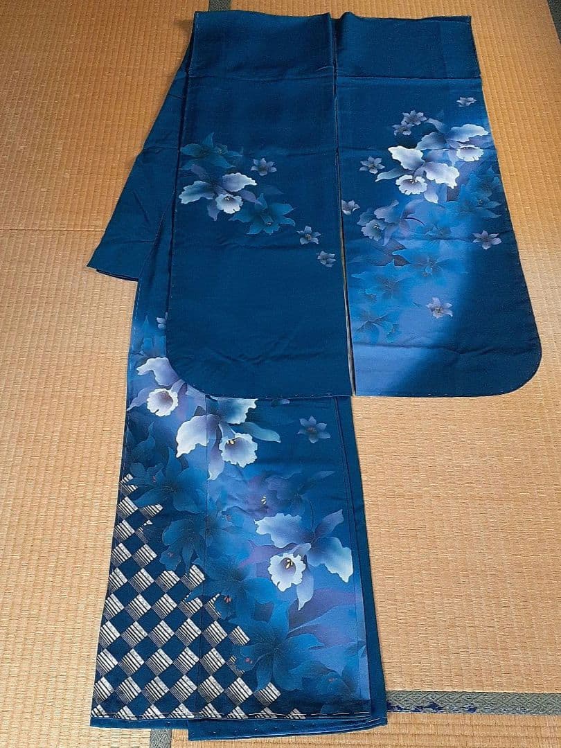 【新品】振り袖　お着物　正絹　　 深いグリーンブルー×カトレアの花