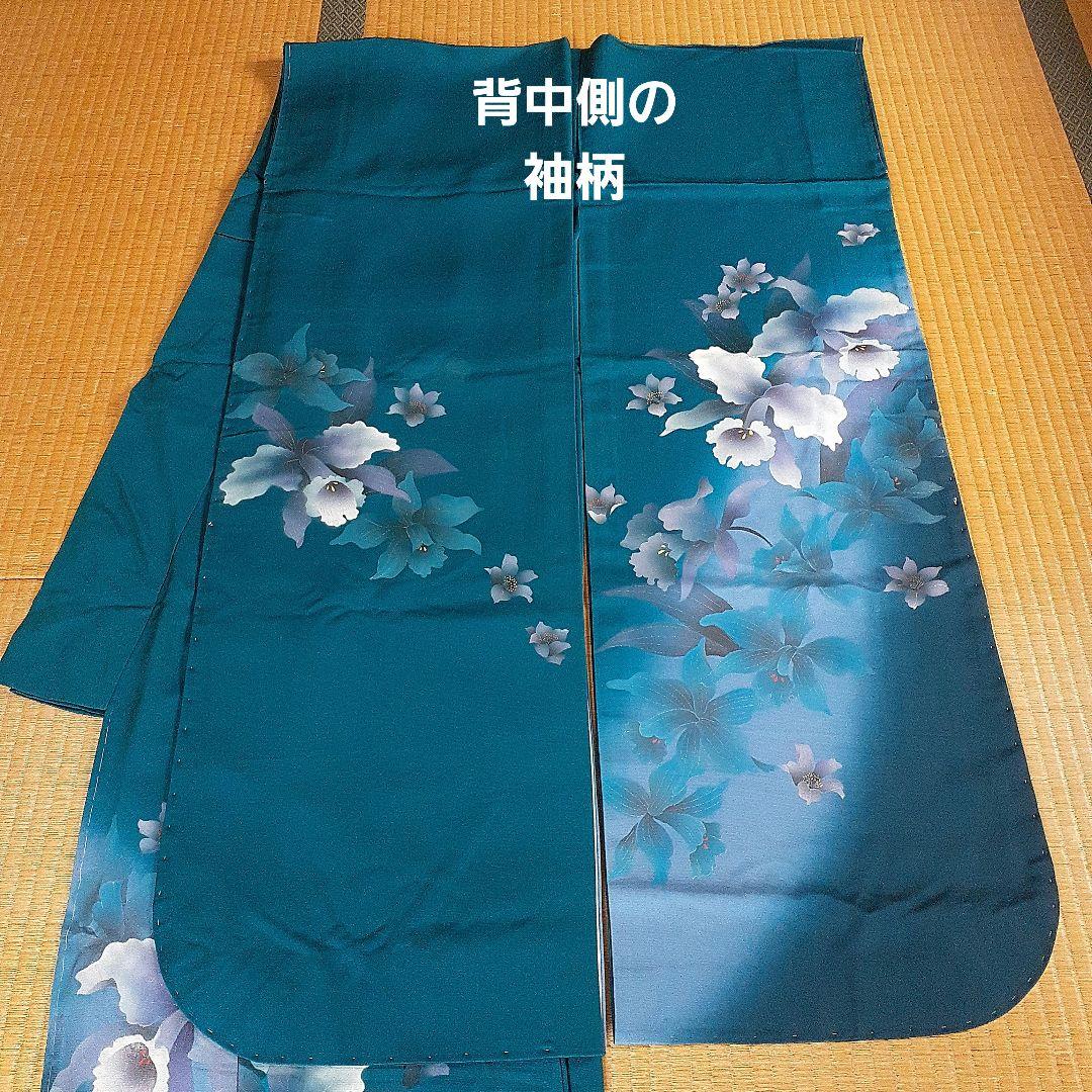 【新品】振り袖　お着物　正絹　　 深いグリーンブルー×カトレアの花