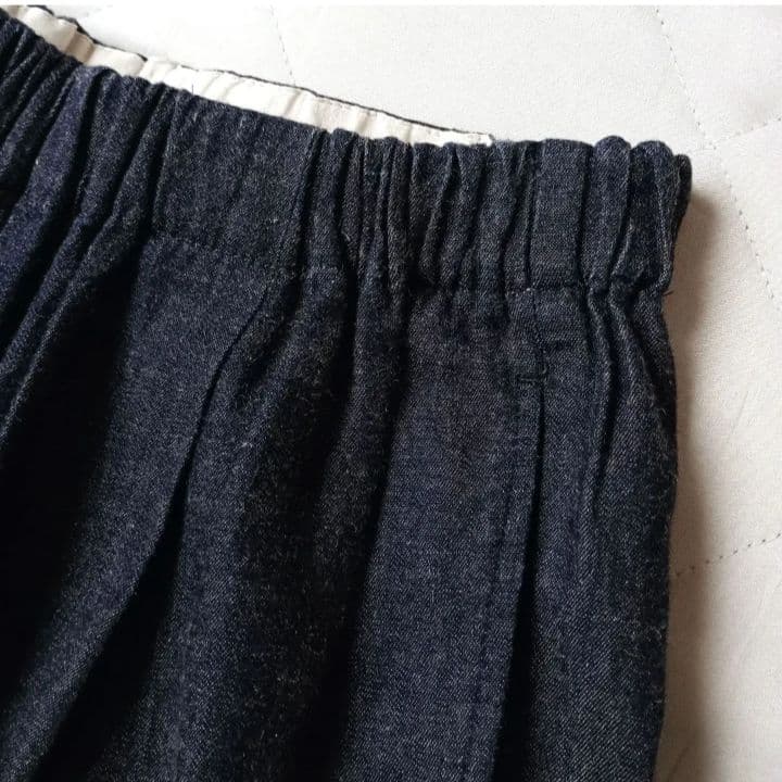 美品　かぐれ　デニム　イージーパンツ　インディゴ　リネン混　日本製　ゆったり