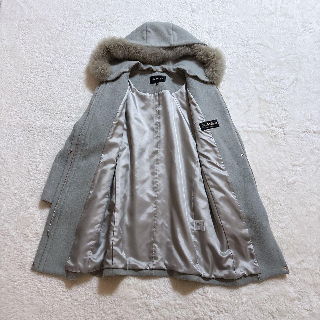 美品 INDIVIノーカラー2wayウールフォックスファーロングコートフーデット
