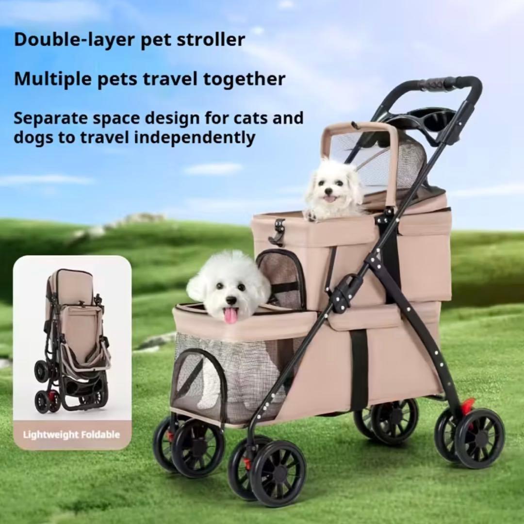 新品 グレー 2段式 ペットカート 犬猫用 多頭 折りたたみ 軽量