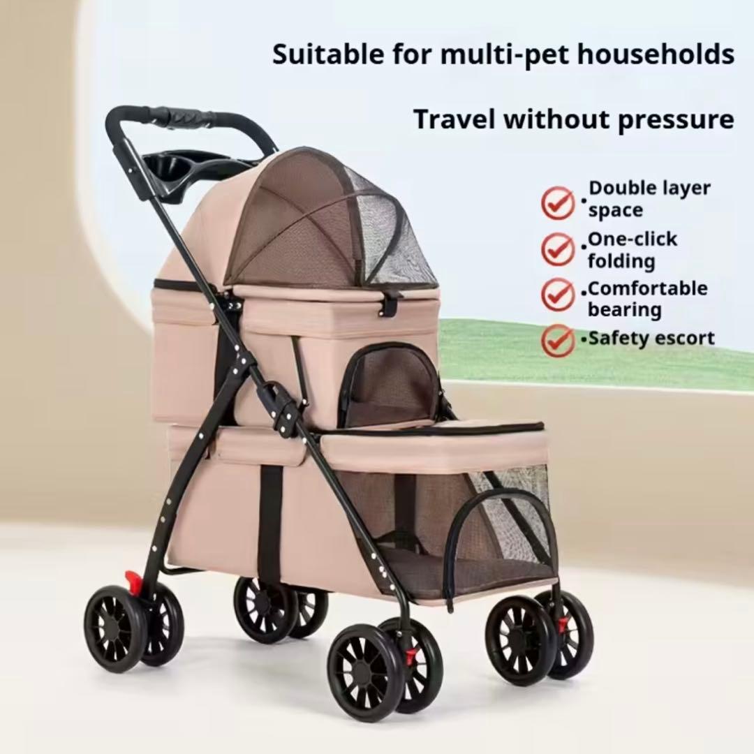 新品 グレー 2段式 ペットカート 犬猫用 多頭 折りたたみ 軽量
