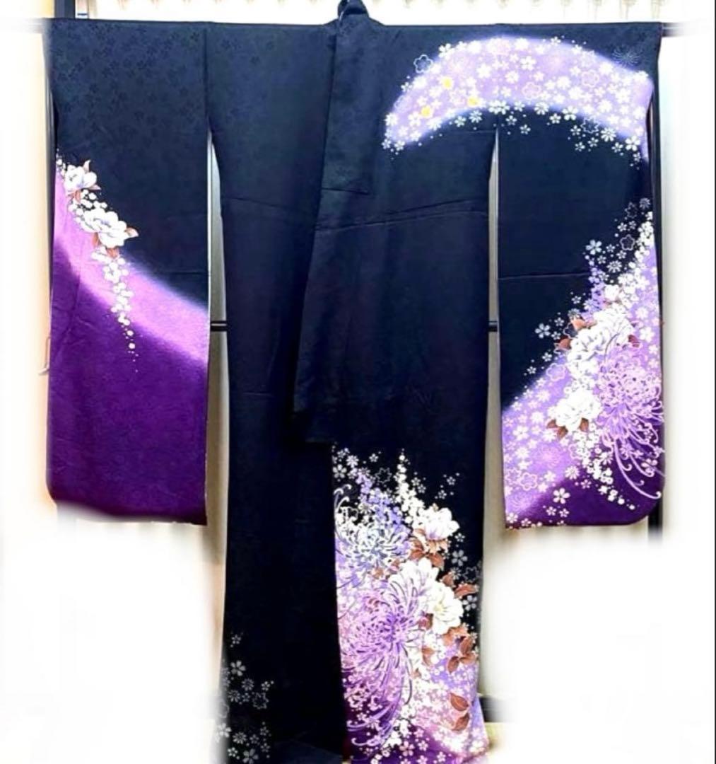 最終価格♡♡タイムSALE❣️振袖　ブラック×パープル　流し模様花成人式　日本土産