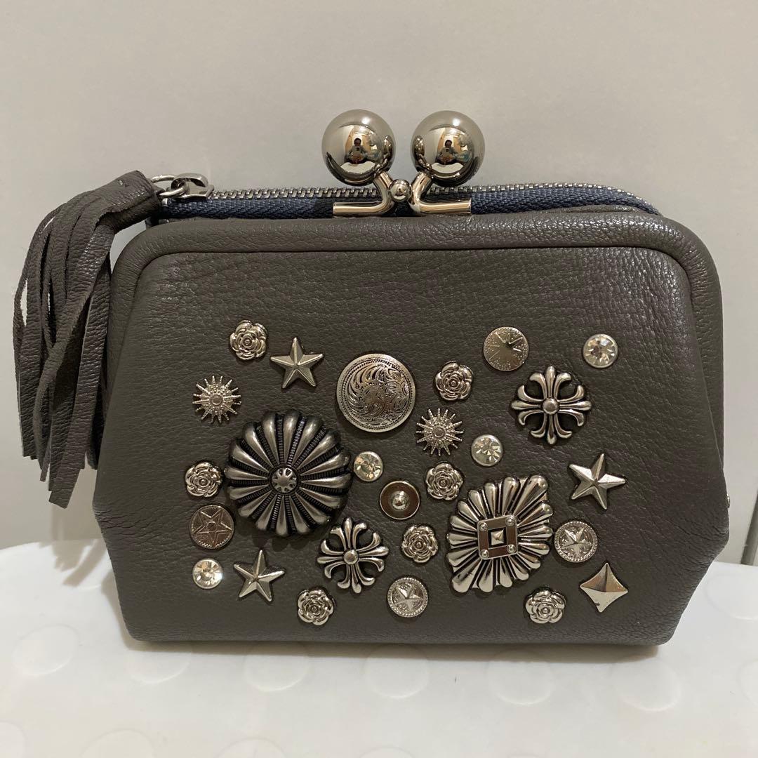 perche スタッズ　がま口 財布 グレー