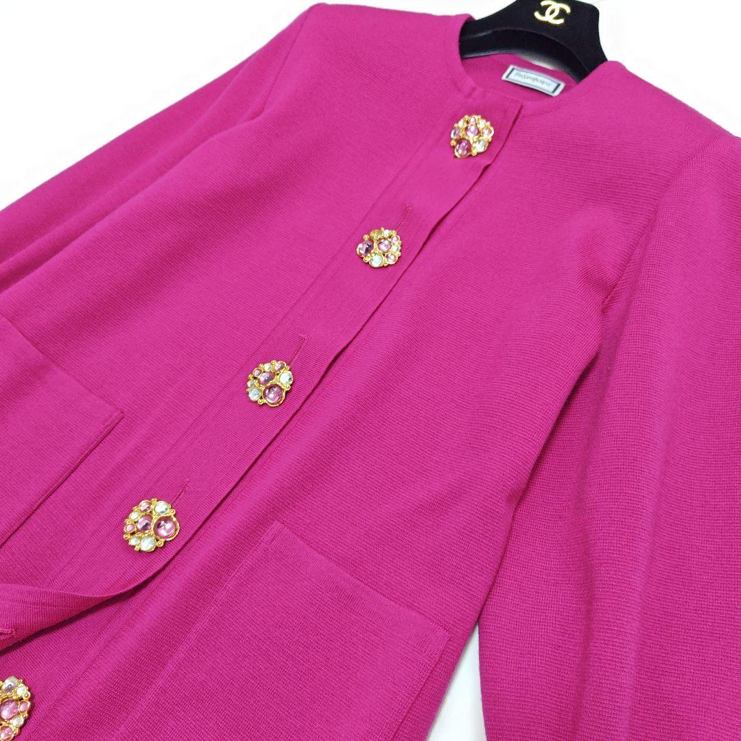 【イヴ サンローラン】YSL ニットカーディガン ビジューボタン ピンク金ボタン
