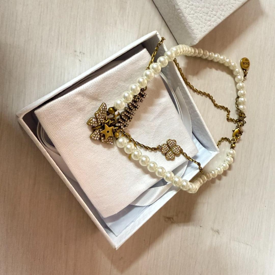 【極美品】Dior ディオール チョーカー ネックレス パール バタフライ 蝶