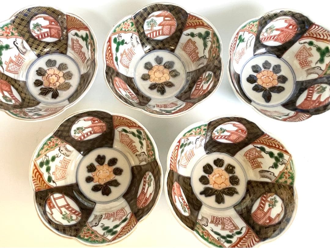 骨董　アンティーク　古伊万里　色絵　金襴手　輪花　小鉢　碗　輪花鉢　5客　お節