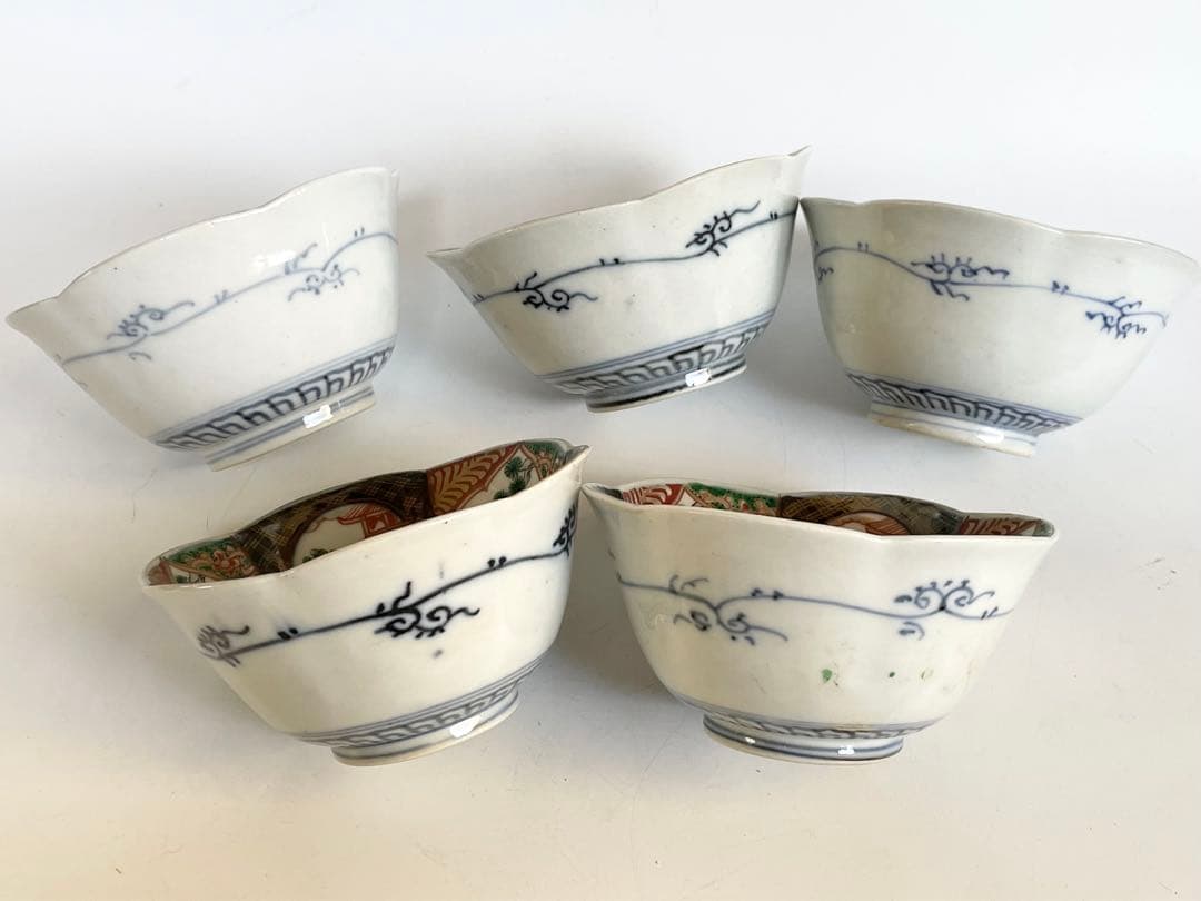 骨董　アンティーク　古伊万里　色絵　金襴手　輪花　小鉢　碗　輪花鉢　5客　お節