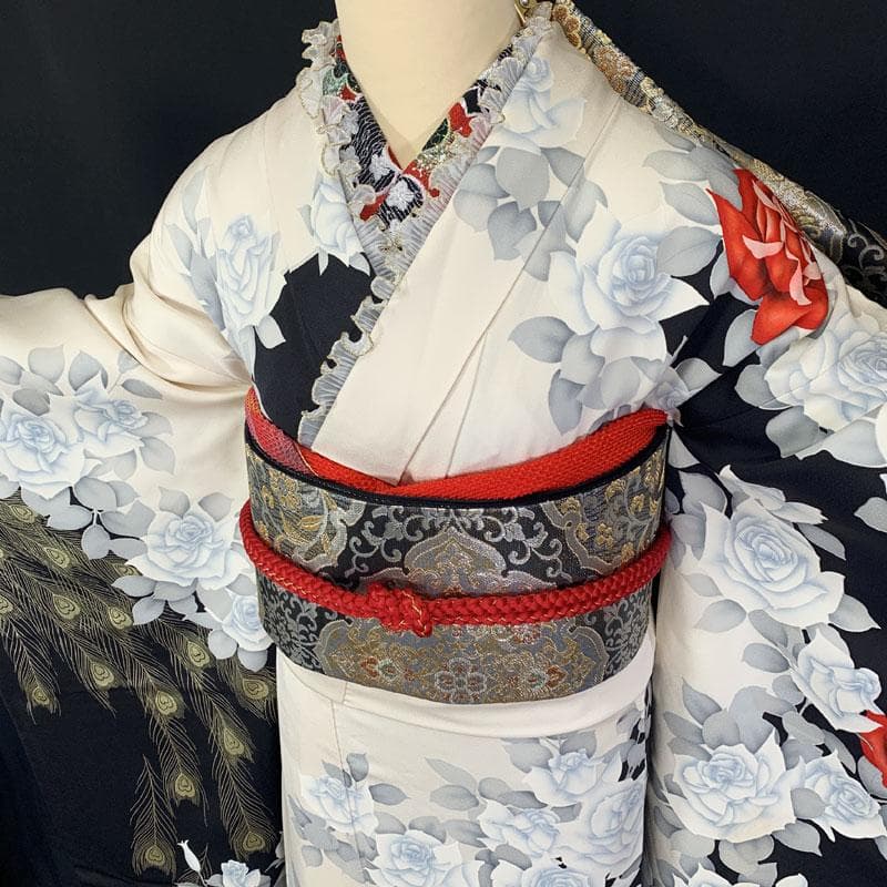 602z31☆作家物 振袖 モダン 金彩 薔薇 白黒☆状態良好 成人式 結婚式