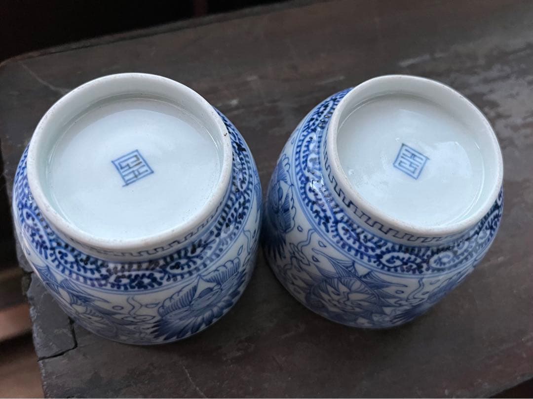 美品！手描き細密画　染付 湯のみ2点セット　ペア
