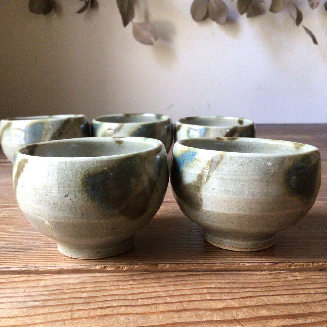 No3642二彩釉　煎茶碗5客　茶道具　湯呑　汲出　益子　陶磁器　民藝　送料無料