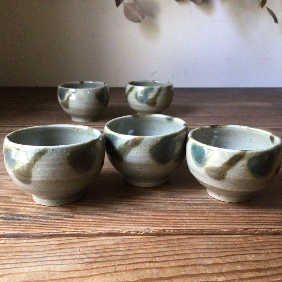 No3642二彩釉　煎茶碗5客　茶道具　湯呑　汲出　益子　陶磁器　民藝　送料無料