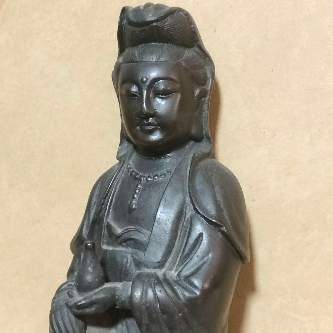 む*び様 銅製 観音像 約23cm 蓮の台座　時代物アンティークNo.100