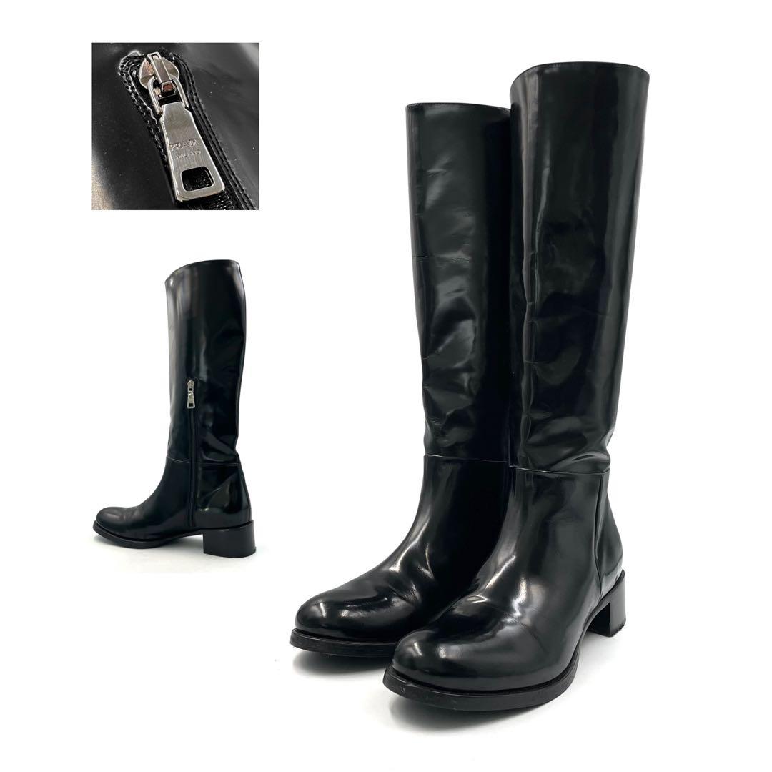 《超美品》PRADA プラダ ロング ブーツ サイドジップ レザー 黒系 38