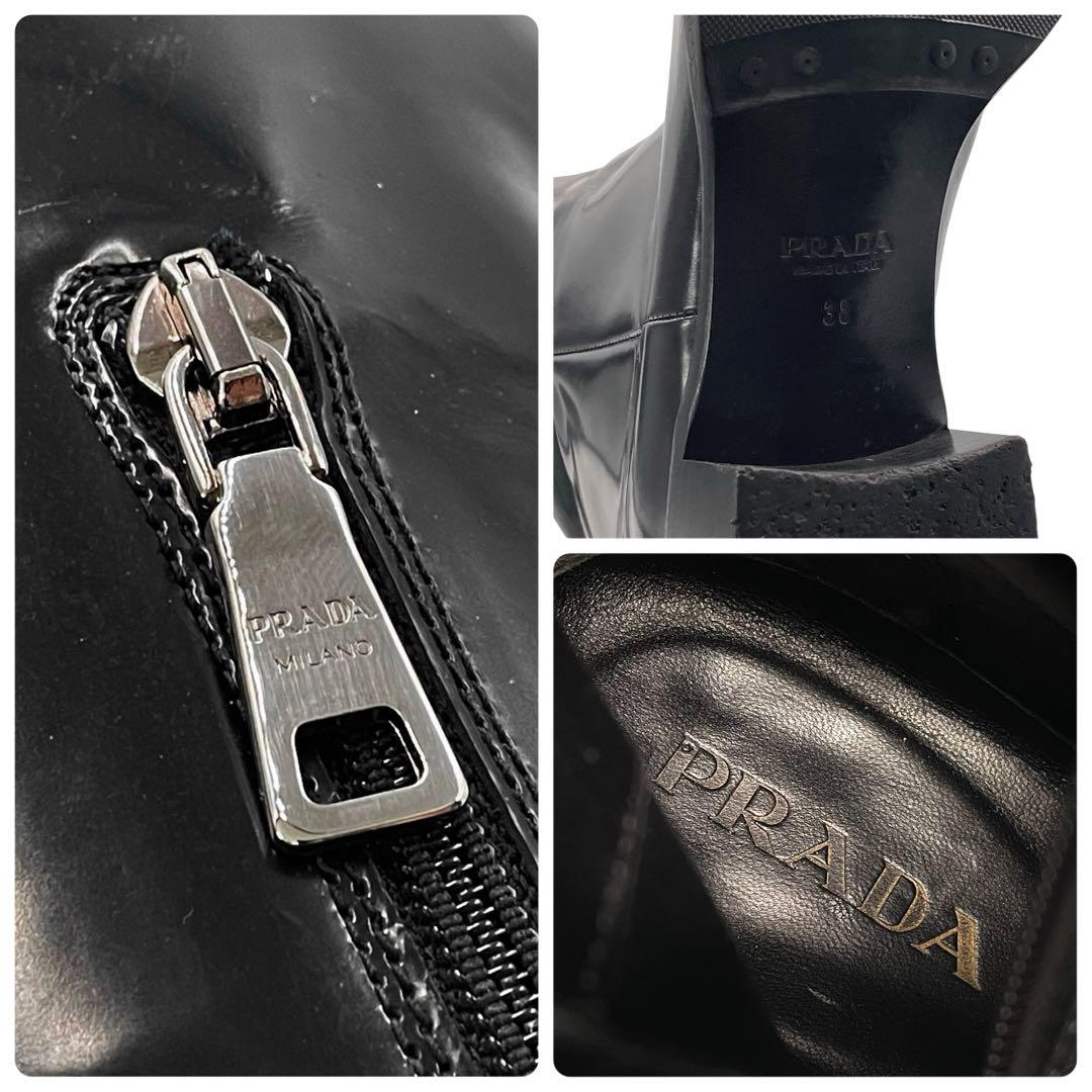 《超美品》PRADA プラダ ロング ブーツ サイドジップ レザー 黒系 38